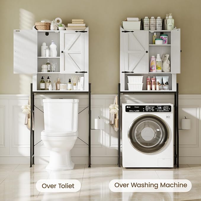 Memobarco Over The Toilet Storage Cabinet, Over Toilet Organizer with 2-Door & Metal Stand, Bathroom Organizers and Storage with Adjustable Shelves for Bathroom, Restroom, Laundry, White