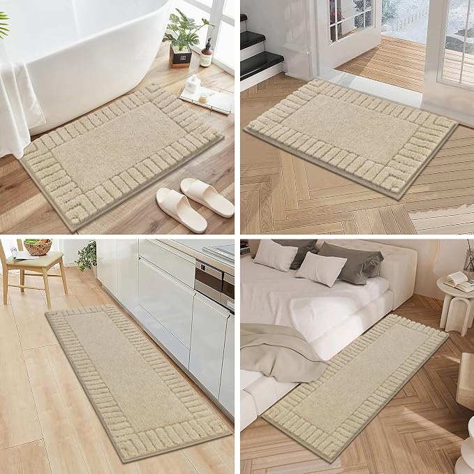 Pauwer Bathroom Rugs Sets 3 Piece Bathroom Shower Rugs with U-Shaped Contour Toilet Mat Absorbent Microfiber Plush Bath Mats Non Slip Bath Rug Machine Washable Shaggy Bath Mat Set, Beige