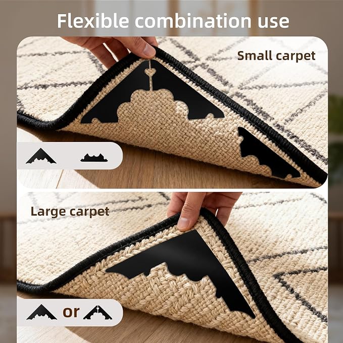 Rug Pad Gripper, 8 Pcs Reusable Non-Slip Rug Pads, for Hardwood Floors and Tiles No Damage, Keep Corners Flat, Double-Sided Adhesive Area Rugs