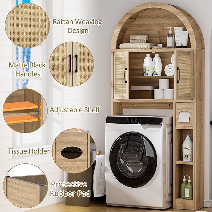 Spurgehom Over The Toilet Storage Cabinet, Bathroom Shelf Organizer Freestanding, Bathroom Arch Cabinet Over Toilet with Toilet Paper Holder and Anti-Tipping Device (Wood & Wicker Door)