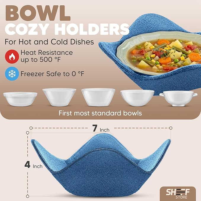 Sheff Microwave Bowl Cozy Holders Set of 4 - Durable and Reliable for Hot and Cold Plates and Dishes - Ideal Household Gift (Blue, 7 inch)