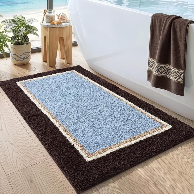 DEXI Bathroom Rugs 43x24, Absorbent Extra Soft Plush Microfiber Bath Mat for Bathroom, Non Slip Washable Bathmat Quick Dry for Shower Floor, Sink, Tub, Laundry Room, Brown and Light Blue