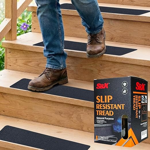S&X Stair Treads Non-Slip Outdoor Grip Tape, 12-Pack, 6” x 30” Pre-Cut Anti Slip Tape, Black