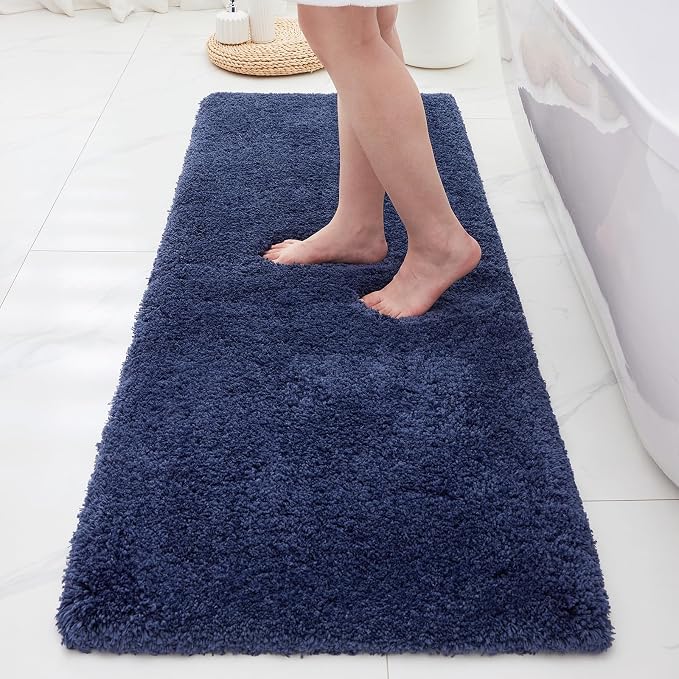 ILANGO Navy Blue Bathroom Rugs 70" × 24" Non Slip & Super Absorbent Thick Soft, Washable Bath Carpet Runner for Floor, Microfiber Plush Shaggy Bath Mats with Rubber for Bedroom Bathtub Shower Room