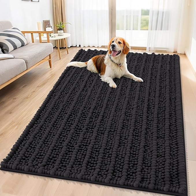 Smiry Dog Door Mat for Muddy Paws 59x35, Absorbent Dirt Trapper, Non-Slip Washable Chenille Entryway Rug for Inside Floor, Black, Layered Pattern