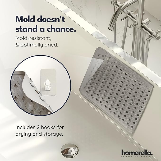 Bathtub Mat Non Slip 28x16 - homerella® Bath Mat Incl. Hooks for Drying, 100% BPA Free, Shower Mat Non Slip Anti Mold, Machine Washable, Shower Mats for Inside Shower Mildew Resistant (Grey)