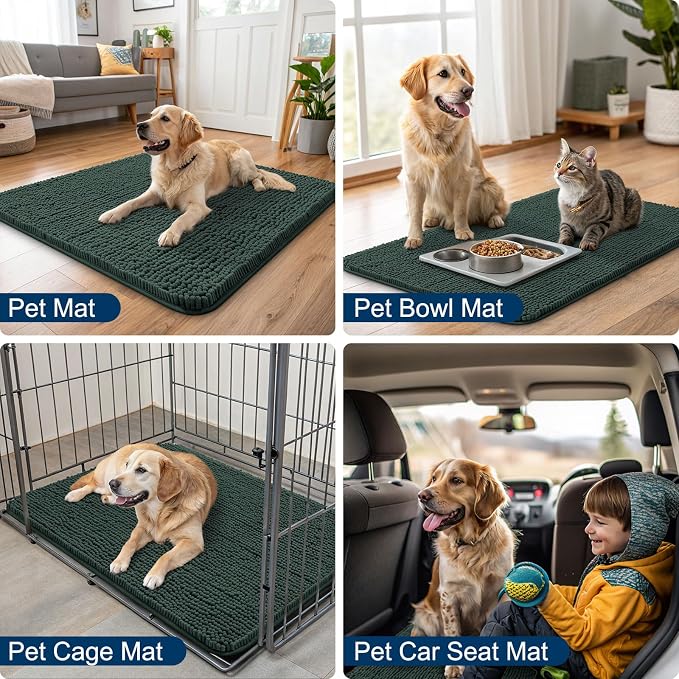 Smiry Dog Door Mat for Muddy Paws 47x32, Absorbent Dirt Trapper, Non-Slip Washable Chenille Entryway Rug for Inside Floor, Green, Classic Solid