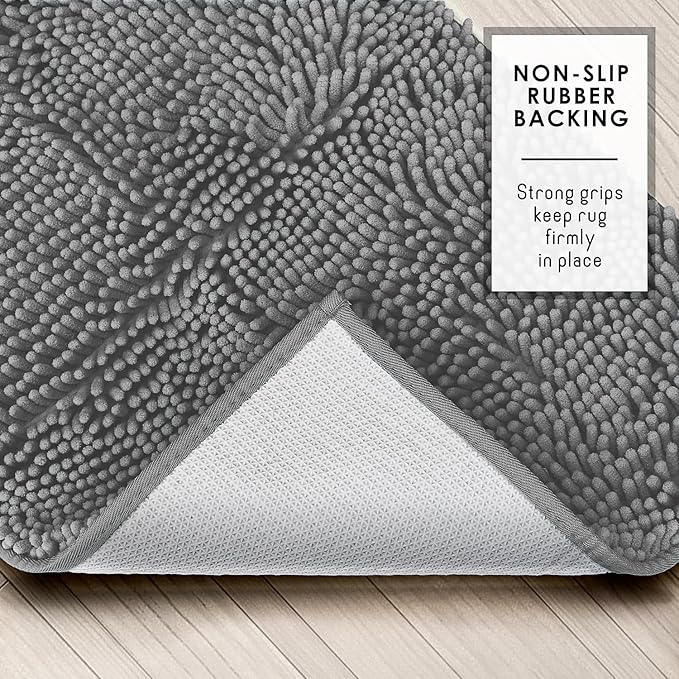 Hearth & Harbor Bathroom Rugs, Chenille Bath Mat - Machine Washable Bath Mats for Bathroom Non-Slip Backing Rubber, Quick Dry Bathroom Mat, 26 x 44 - Frost Grey