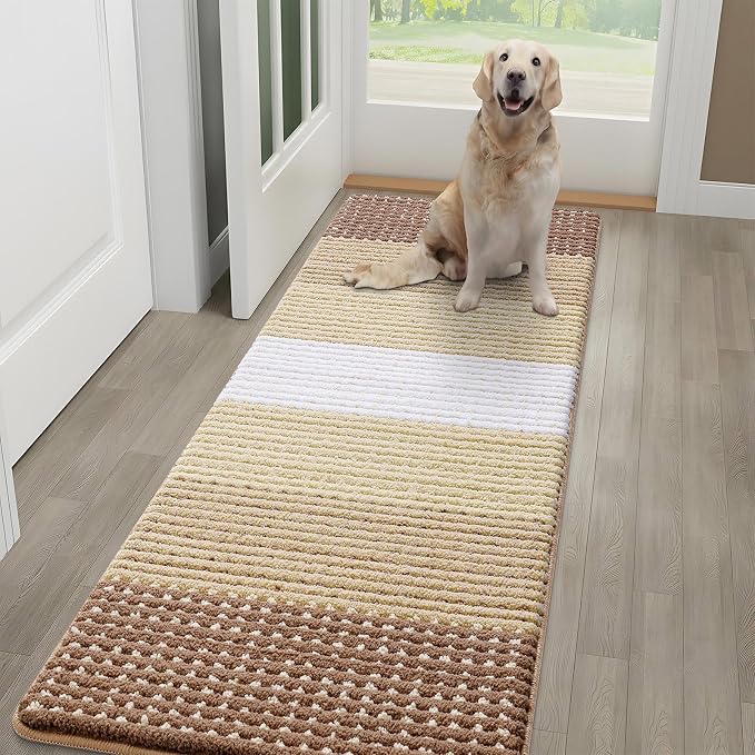 Kitinjoy Indoor Outdoor Door Mat, 59x20 Non-Slip Absorbent Dirt Trapper, Low-Profile Washable Inside Entrance Front Floor Mat, Sturdy Soft Entry Dotted Ombre Doormats for Entryway, Light Brown