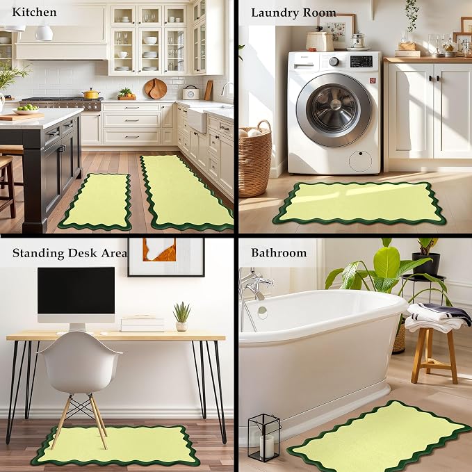 Arenarug Scalloped Kitchen Mats Rugs Sets of 2 Cushioned Anti Fatigue Floor Mat Waterproof Kitchen Rugs Non Slip Foam Comfort Standing Mat for Sink Laundry, Green