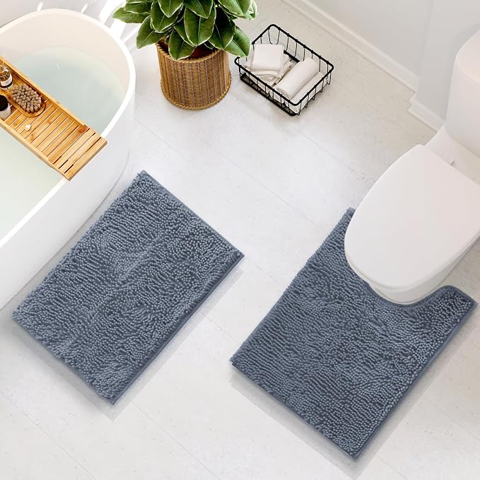 Hearth & Harbor Bathroom Rugs, Chenille Bath Mat - Machine Washable Bath Mats for Bathroom Non-Slip Backing Rubber, Quick Dry Bathroom Mat, 17 x 24 + 20 x 24 - Stone Blue
