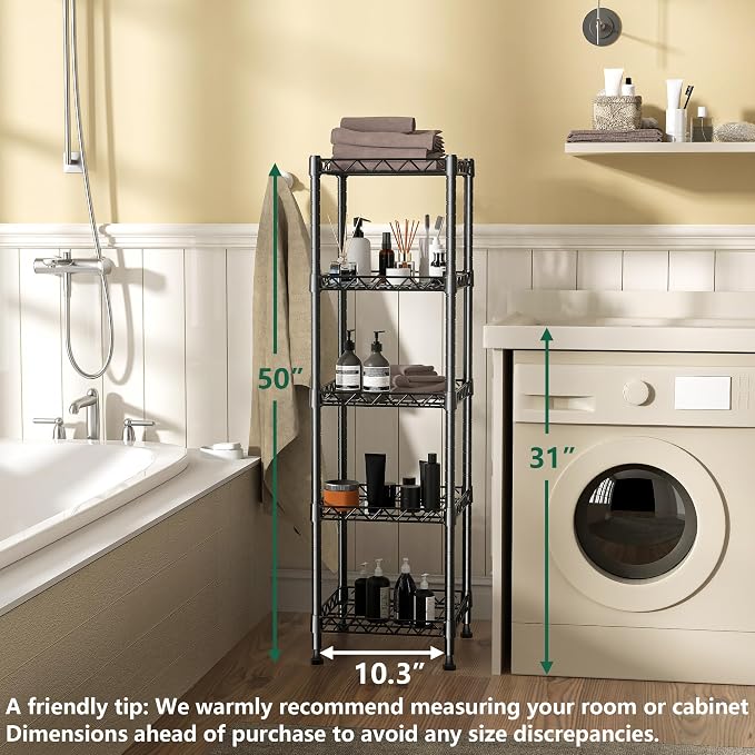 GIOTORENT 5 Tier Standing Shelving Metal Units, Adjustable Height Wire Shelf Display Rack for Laundry Bathroom Kitchen 11.8 W x 11.8 D x 50 H (5-Tier, Black)