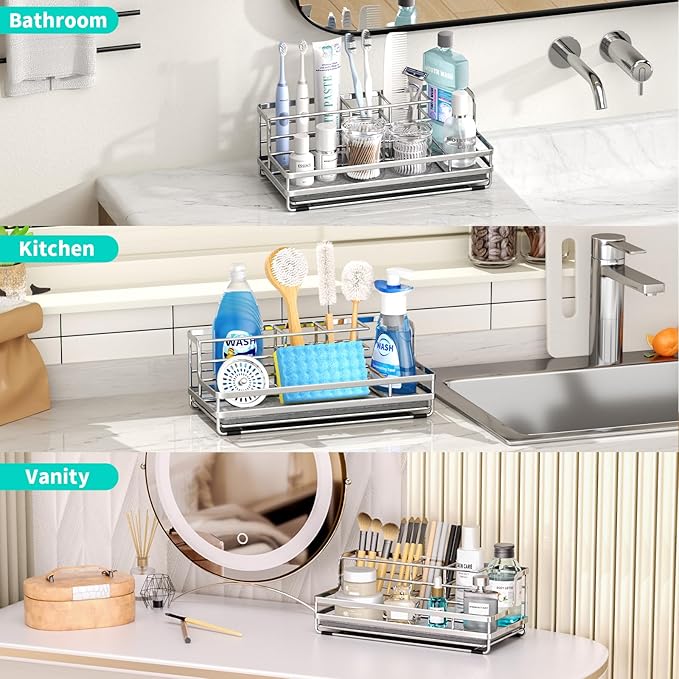 HapiRm Toothbrush Holders for Bathroom - 5 Partitions Bathroom Counter Organizer with Instant Drying Stone, Stainless Steel Countertop Storage Electric Toothbrush Toothpaste Holder - Silver