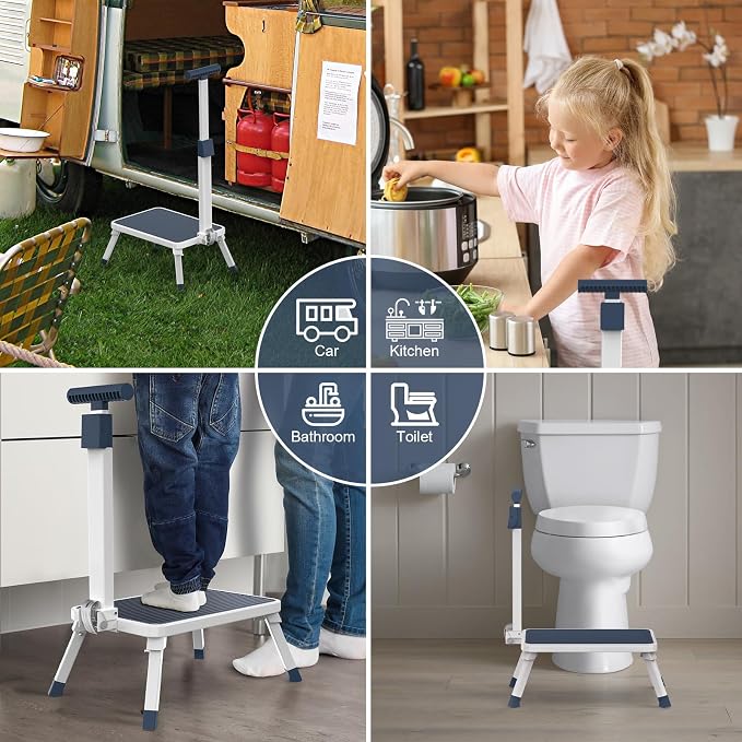 Folding Step Stool, Step Stools with Handle for Elderly Adults, Metal Stepping Stool with Adjustable Handrail in Kitchen, Bathroom, Bedroom, 330 Lbs Capacity