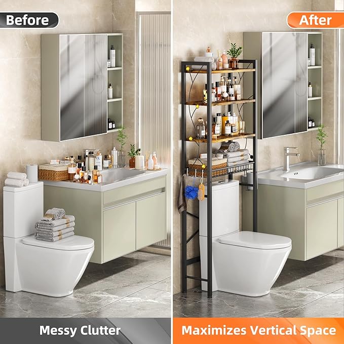 Over-The-Toilet Storage Rack, 4-Tier Bathroom Organizer Shelf Over Toilet with Adjustable Shelf and Basket, Freestanding Space Saver Bathroom Shelves Above Toilet for Room (Rustic Brown)