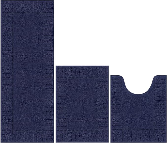 Pauwer Bathroom Rugs Sets 3 Piece Bathroom Shower Rugs with U-Shaped Contour Toilet Mat Absorbent Microfiber Plush Bath Mats Non Slip Bath Rugs Machine Washable Shaggy Bath Mat Set, Navy