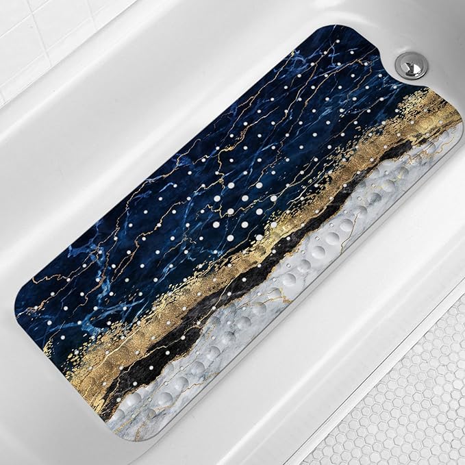 LNOND Marble Bath Tub Mat Non Slip, Extra Long 40 X 16 Inch Anti Slip Mat for Bathtub, Black White Gold Marble Shower Mat with Drain Holes and Suction Cups, Machine Washable