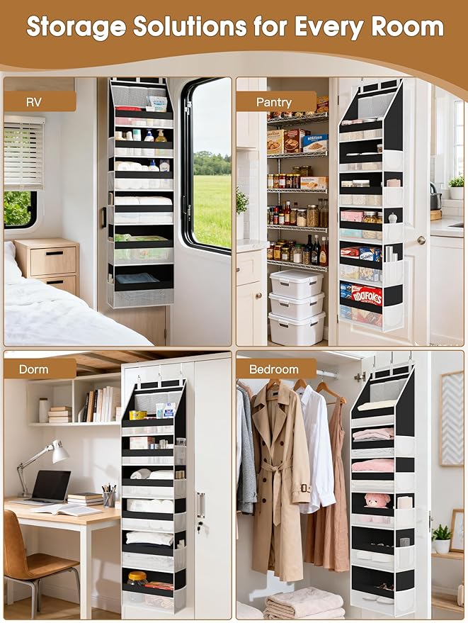 Criusia Over the Door Organizer, Heavy-Duty 6-Shelf Hanging Storage with 13 Mesh Pockets, 55lbs Capacity Behind the Door Storage for Nursery, Bathroom, Bedroom, and Dorm, Black