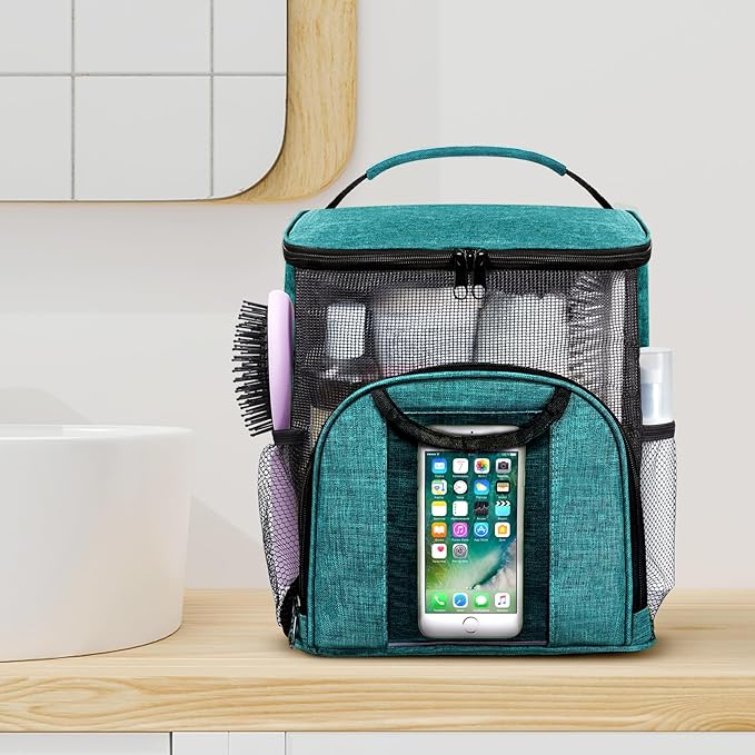 Attmu Mesh Shower Caddy Portable Dorm Tote Bag, Quick Dry Hanging Toiletry Bag, Large Capacity Shower Bag for College Dorm Room Essentials for Boys and Girls for Bath Camping (Peacock Green)