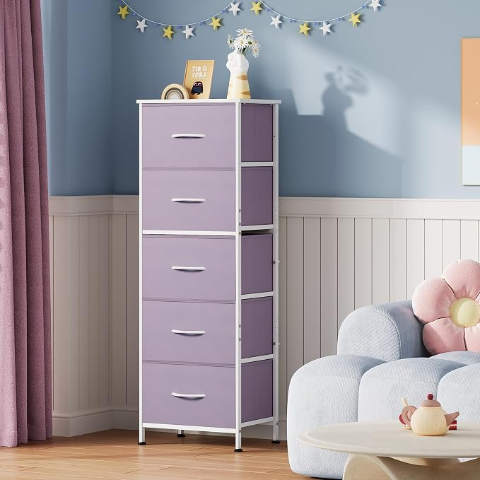 WLIVE Fabric Dresser, 5-Drawer Tall Dressers for Bedroom, Storage Dresser Organizer with Fabric Bins, Wood Top, Sturdy Steel Frame, Chest of Drawers for Closet, Hallway, Purple