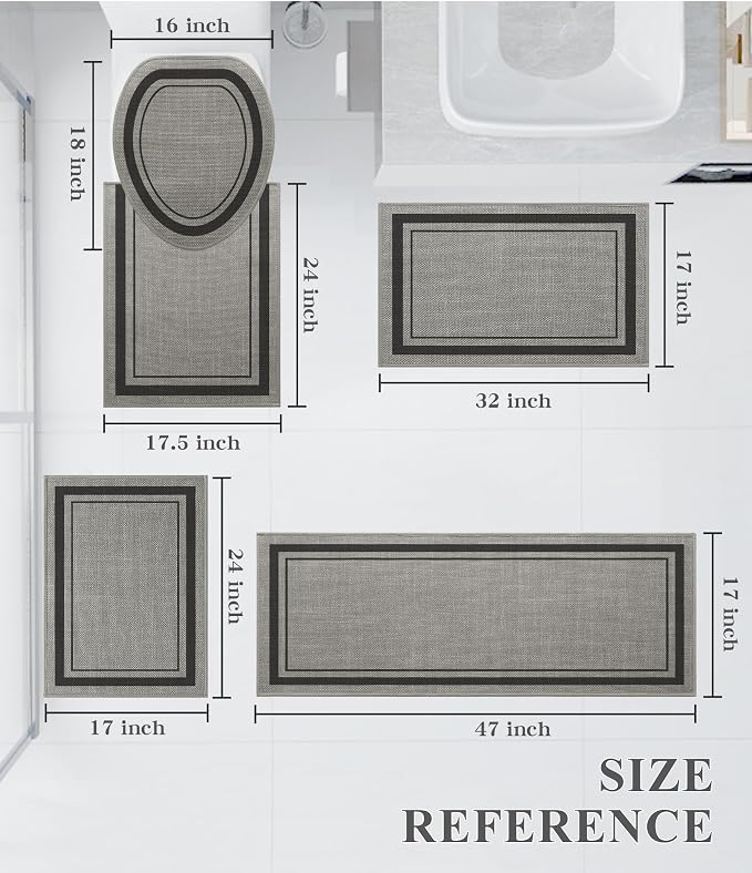 chakme 5 Piece Bathroom Rug Sets, Ultra Thin Bath Mat,Absorbent Non Slip, Durable,Geometric Pattern, Dark Grey, 17" x 24"/17" x 30"/17" x 59"