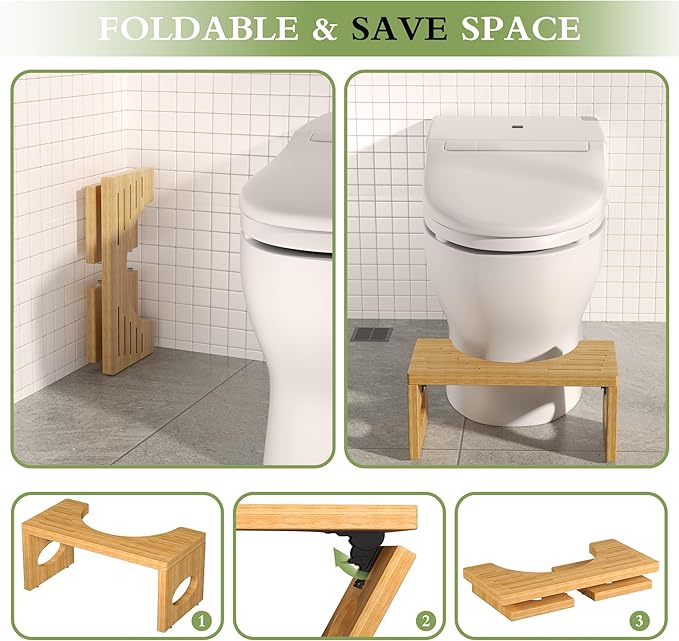 ROMGUAR CRAFT 7 Inch Bamboo Toilet Stool, Foldable Poop Stool, Bathroom Step Stool Squat (Natural)