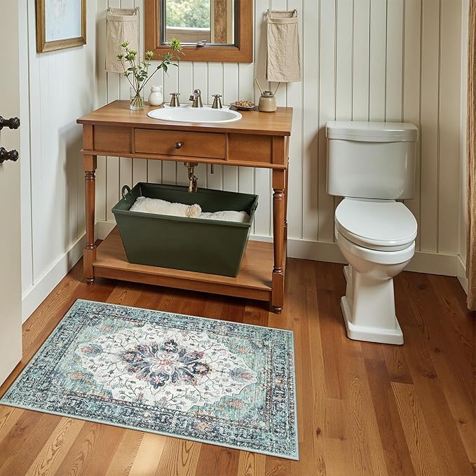 RELEANY Area Rugs Small 2'x3' Washable Non-Slip, Floral Vintage Distress Medallion Carpet for Kitchen Entryway Bathroom, Green Navy Blue White Red Teal