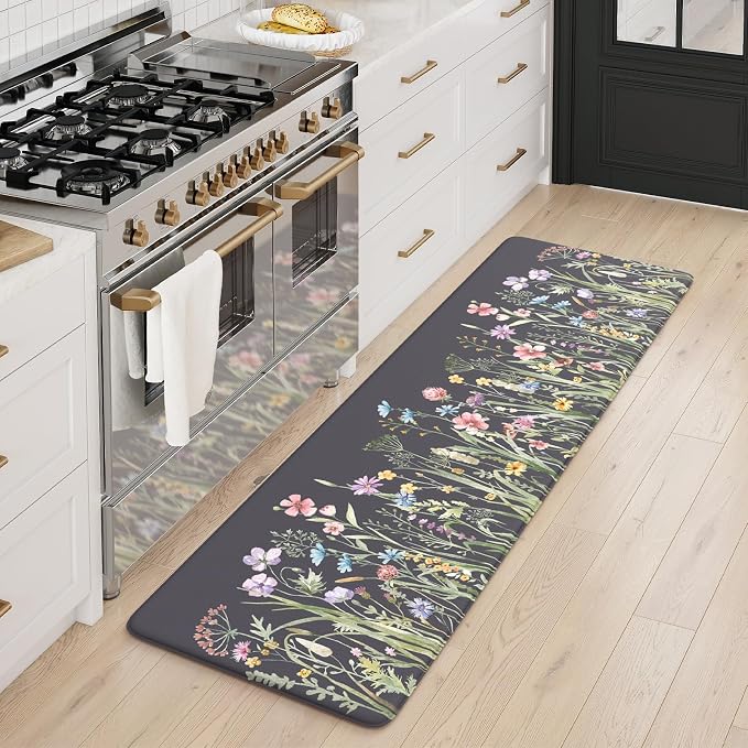 KIMODE Anti Fatigue Floor Mat, Cushioned Farmhouse Runner Rug, Non Slip, Memory Foam for Kitchen, Laundry, Office, Sink Dark Gray/Purple 17.3"x59"