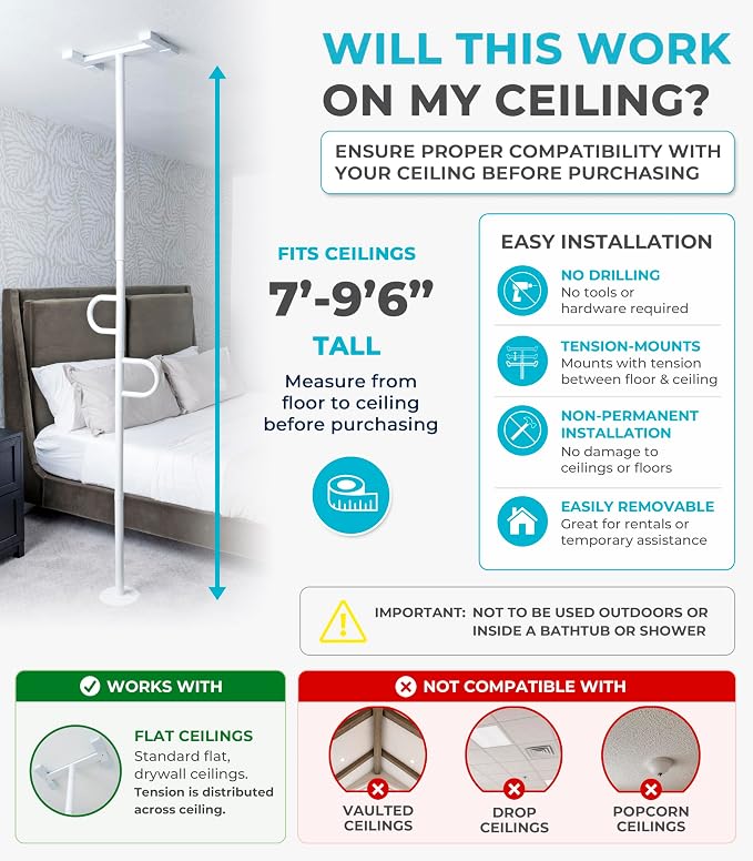 Stander Double Handle Non-Rotating Floor to Ceiling Grab Bar, No-Drill Tension Mounted Transfer Pole for Seniors, Bath Safety & Bedside Assist Rail for Home Standing Support & Fall Prevention, White