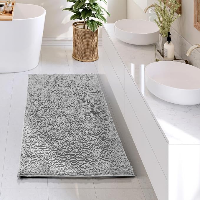 Hearth & Harbor Bathroom Rugs, Chenille Bath Mat - Machine Washable Bath Mats for Bathroom Non-Slip Backing Rubber, Quick Dry Bathroom Mat - Silver 24x36