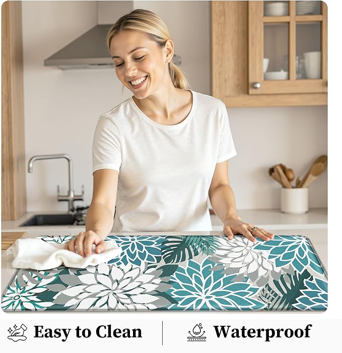 Arenarug Kitchen Mats for Floor 2PCS Cushioned Anti Fatigue Kitchen Mats Waterproof Non Slip Kitchen Mat Rug Set Comfort Foam Standing Mat for Sink, Laundry, Office,17.3" x 28" + 17.3" x 47", Teal