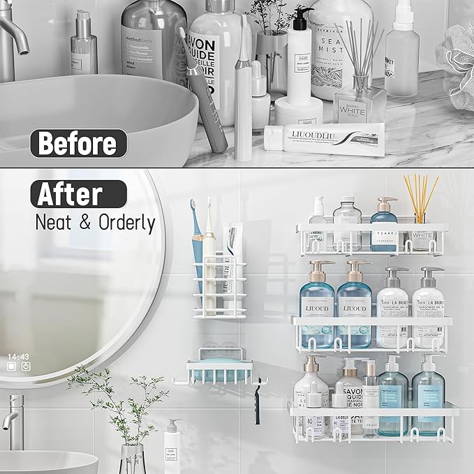 Liuoud 10 Pack Shower Caddy Organizer Rack Shelf for Inside Shower, Self Adhesive Wall Storage Basket Rustproof Stainless Steel Shampoo Holder Bathroom Accessory Decor Set, White