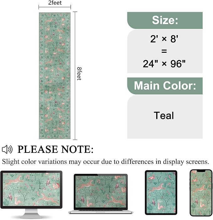 DUKINO Runner Rug, 2x8 Washable Kitchen Rugs for Hallways with Non Slip Backing, Soft Low Pile Vintage Animal Runner for Kitchen, Hallway, Entryway, Laundry, Bedroom, Teal