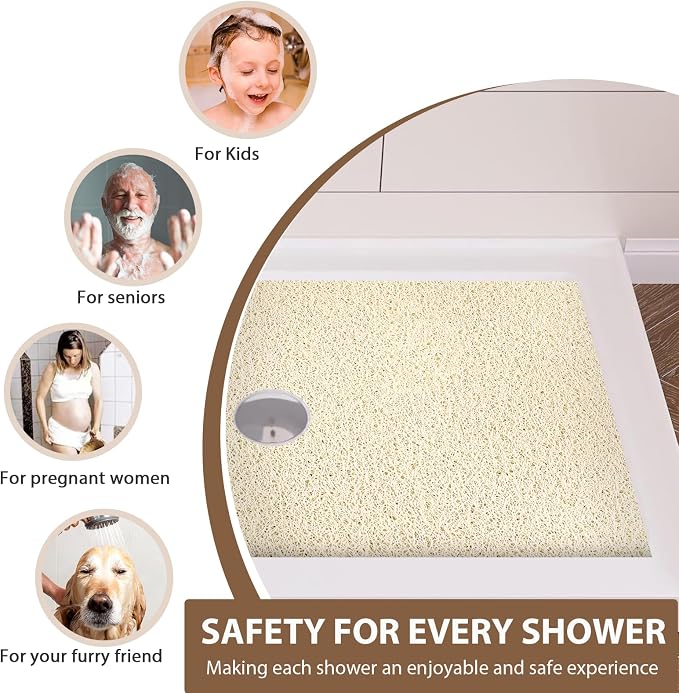 Extra Large Non Slip Shower Mat: 47.2x31.5 inch Loofah Shower Mat for Inside Shower with Drain Hole in Middle, Soft PVC Anti-Slip Shower Stall Mats for Bathroom,Wet Area, Quick Drying