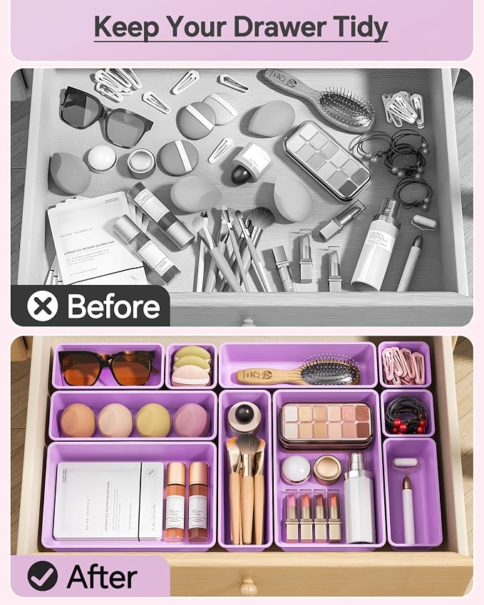 KEMETHY 25 PCS Plastic Drawer Organizers Set, 4 Sizes Vanity Organizer, Makeup and Desk Drawer Organizer Trays, Organization and Storage for Makeup, Bathroom, Kitchen Utensils and Office (Purple)