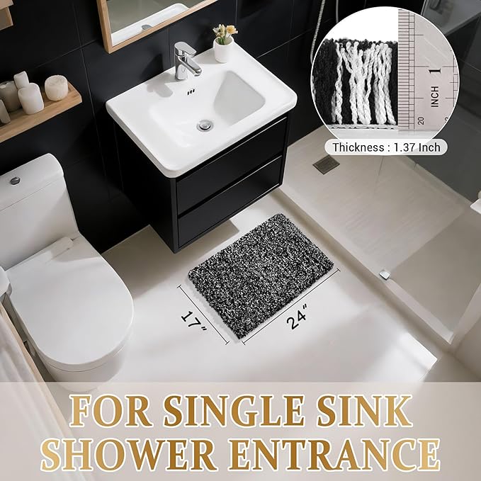 Yimobra Black and White Bathroom Rugs Non Slip Washable, Ultra Soft and Water Absorbent Bath Mats, Plush Fluffy Shower Mat Outside, Microfiber Thick Matts for Bathroom Floor/Sink, 24x17