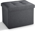 LINMAGCO Small Storage Ottoman Stool Foot Rest Stool Under Desk Stool Short Folding Ottoman Linen Cloth Dark Gray 17X13X13IN