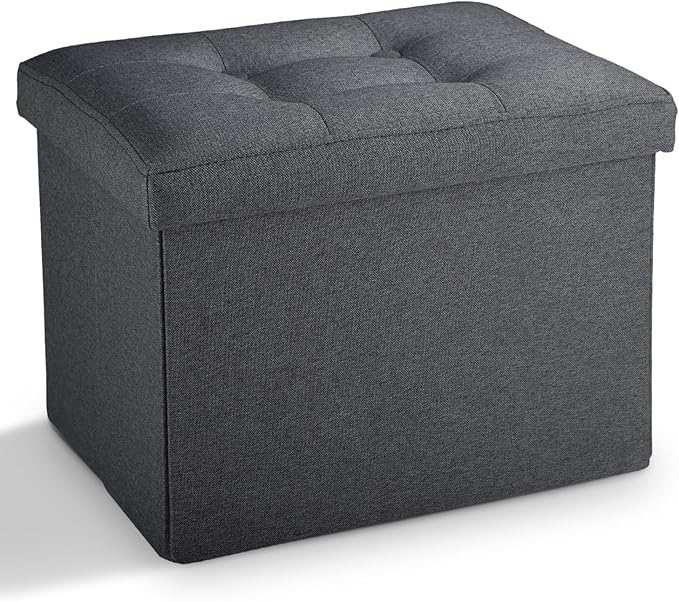 LINMAGCO Small Storage Ottoman Stool Foot Rest Stool Under Desk Stool Short Folding Ottoman Linen Cloth Dark Gray 17X13X13IN