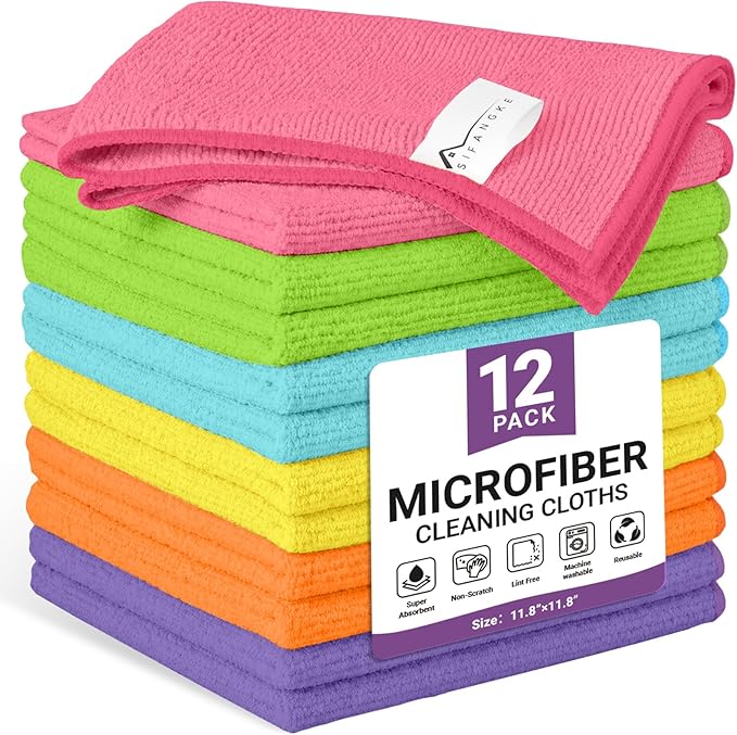 12 Pack Microfiber Cleaning Cloth, 6 Assorted Colors Cleaning Rags for Housekeeping, Colorful Reusable Microfiber Towels for Car, Kitchen, Bathroom and Household Cleaning Supplies, 11.8"X11.8"