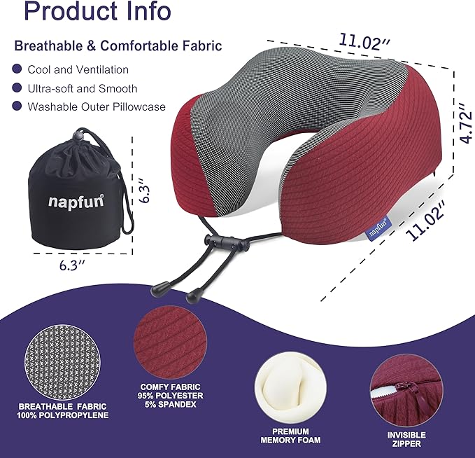 napfun Neck Pillow for Traveling, Upgraded Travel Neck Pillow for Airplane 100% Pure Memory Foam Travel Pillow for Flight Headrest Sleep, Portable Plane Accessories, Burgundy