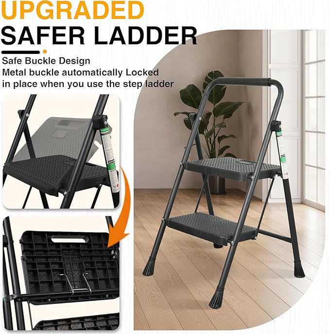 Step Ladder, Portable Steel Folding Step Stool with Wide Anti-Slip Pedal & Convenient Handgrip, Sturdy Steel Ladder, 2-Step, Black