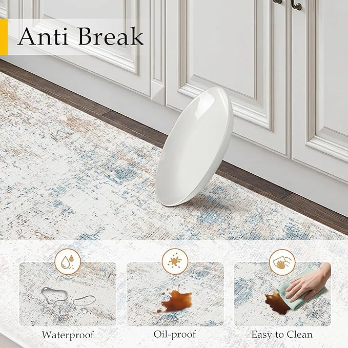 Kitchen Mats for Floor Set of 2 Anti Fatigue Waterproof Kitchen Rug Beige Blue Abstract Cushioned Non-Slip Kitchen Mats Comfort Standing Neutral Mat for Sink Laundry Office 17.3"×47"+17.3"×30"