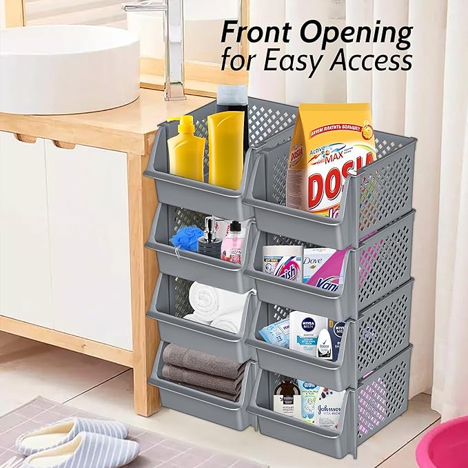 TidyFriend 4 Pack Stackable Storage Bins Open Front for Pantry Organizers and Storage, Pantry Storage for Food, Kitchen and Home Organization, Plastic Storage Bins, Dorm Room Essentials (Grey)