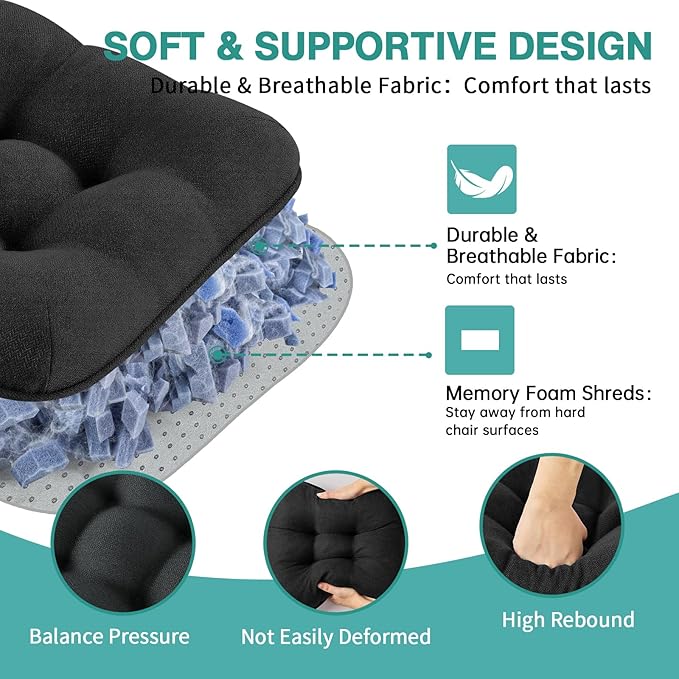 BETU Black Chair Cushions for Dining Chairs Set of 4,3.5" Thick Kitchen Table Chair Pads with Ties,Non Slip Backing and Covers,Seat Cushion for Dining Room,Bar,Patio Chairs,15.5"X15.5"X3.5",Black
