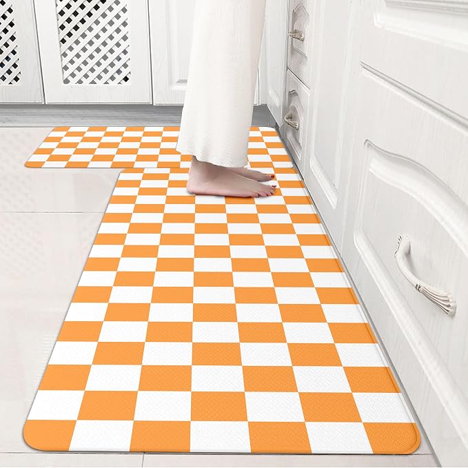 White Orange Checkered Grid Checkerboard Kitchen Rug Sets [2 PCs], Anti-Fatigue, Waterproof Non-Slip Kitchen Mats Heavy Duty Comfort Foam Rug for Kitchen, Floor, Laundry,17"x29"+17"x47"