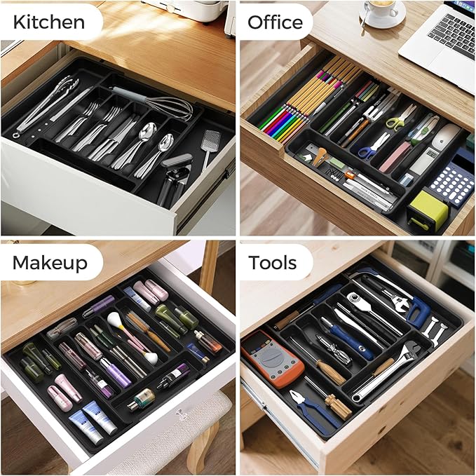 ukeetap Extra Large Expandable Silverware Organizer, BPA-Free Food-Safe Cutlery Flatware Organizer, Kitchen Utensil Drawer Organizer, Adjustable Silverware Holder for Spoons Forks Knives, Black