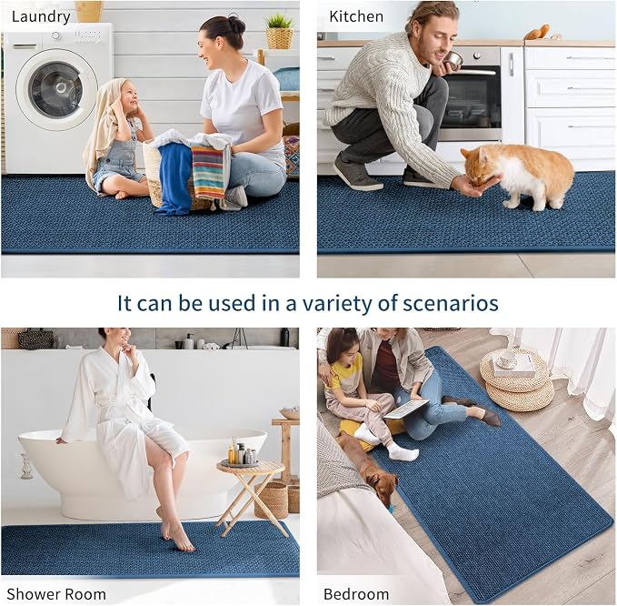 YDKGL Kitchen Mats for Floor, Super Absorbent Kitchen Rugs Non Slip Washable, Soft Imitation Linen Braided Kitchen Runner Rug, Standing Mat Sink Mat, Easy to Clean, Blue 17x59