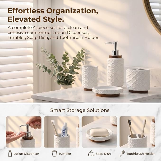 RQYIXI 4 Piece Bathroom Accessories Set, White Ceramic Bath Accessory Set with Wood Accents, Soap Dispenser, Toothbrush Holder, Tumbler and Soap Dish, Elegant Bathroom Countertop Decor