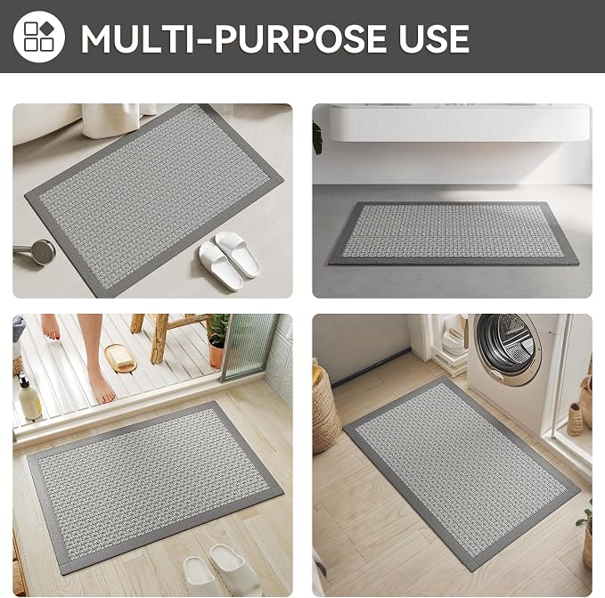 YDKGL Bath Mat Bathroom Rugs Non Slip Washable, Soft Jute-Like Ultra Thin Bath Mats, Rubber Backing Super Absorbent Quick Dry Thin Bath Rug Shower Mat Fit Under Door Bathroom Tub Floor, Gray 20" x 32"