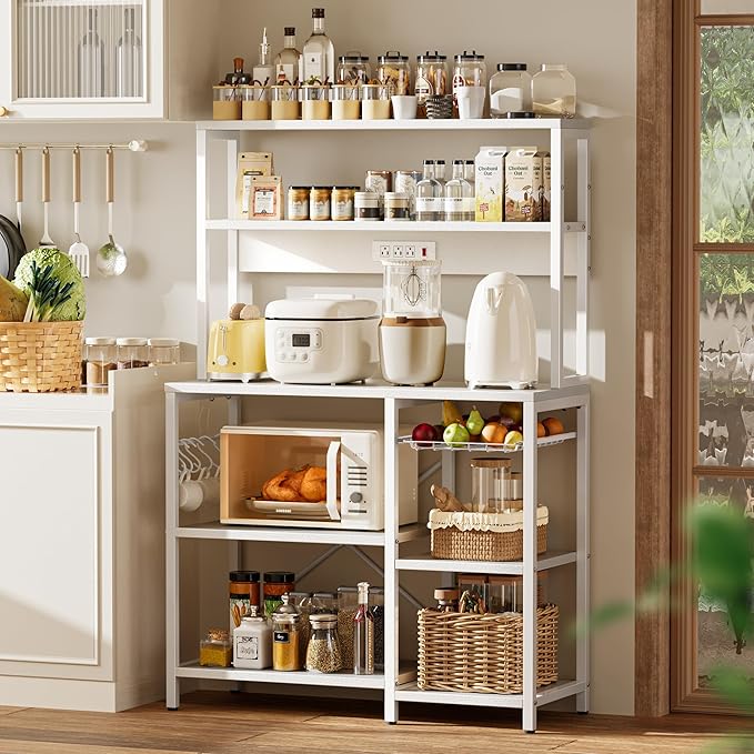 SUPERJARE Bakers Rack with Power Outlet, 35.4 Inches Coffee Bar with Wire Basket, Kitchen Microwave Stand with 6 S-Shaped Hooks, Open Storage Shelves, White